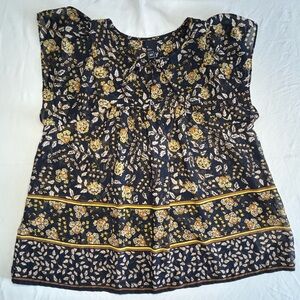 GAP Women’s Navy Yellow Leaf Floral Peasant Blouse Size Medium EUC Sheer Whimsy